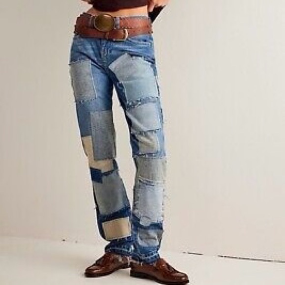 Free People Bare With Me Mid Rise Straight Leg Jeans Patchwork - Picture 2 of 4